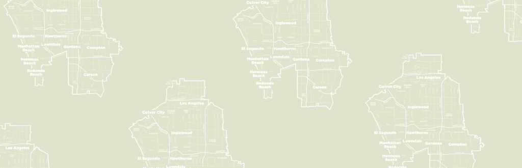 A repeating pattern of light beige map outlines on a muted green background shows labeled areas including 'Los Angeles', 'Inglewood', 'Culver City', 'Hawthorne', 'Gardena', 'Compton', 'Carson', 'El Segundo', 'Manhattan Beach', 'Hermosa Beach', and 'Redondo Beach', with streets and neighborhood boundaries faintly marked in white across multiple duplicated map sections.