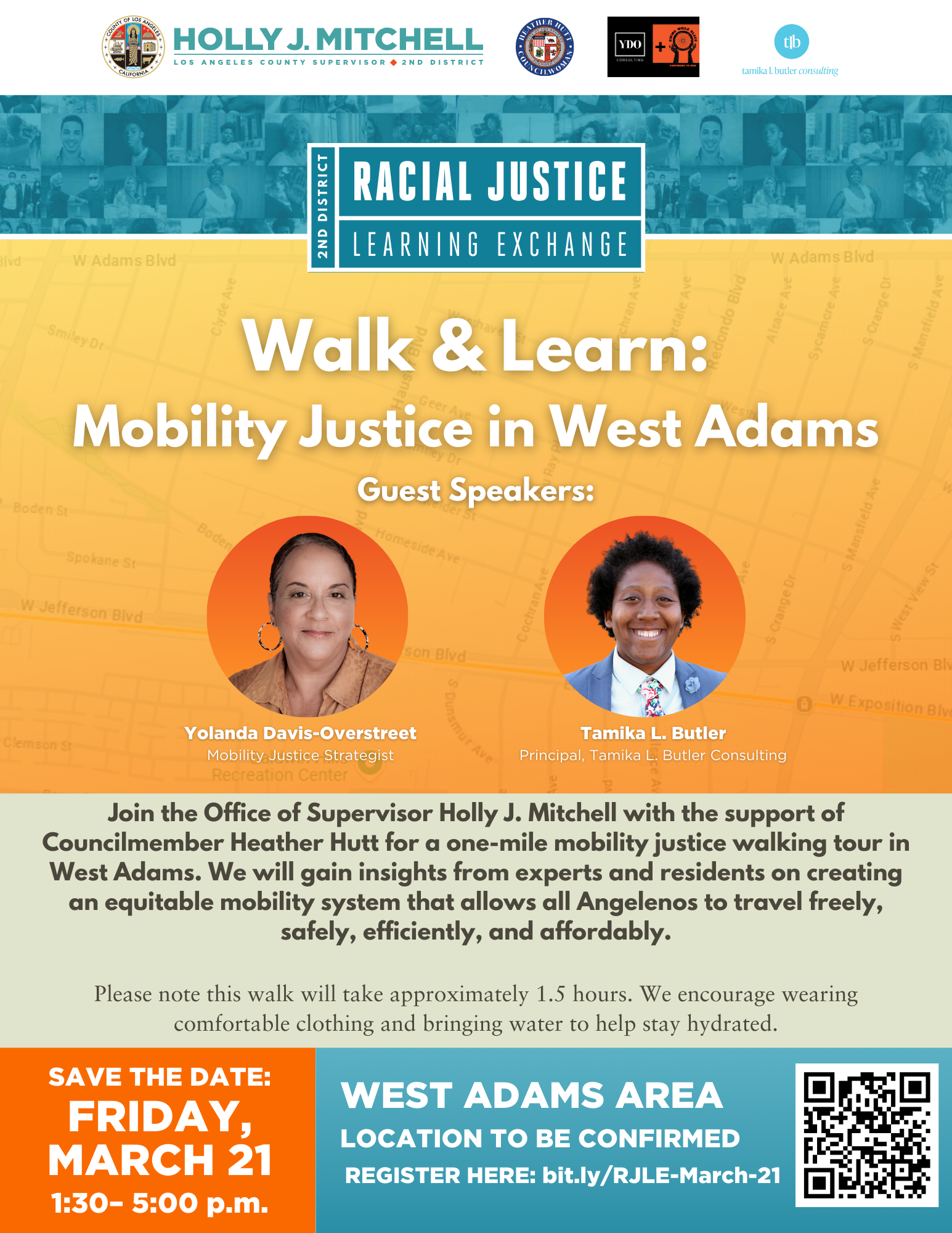 Racial Justice Learning Exchange Event Flyer featuring headshots of guest speakers: Yolanda Davis Overstreet and Tamika Butler