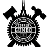 Black circular logo with gear edges containing tools and equipment silhouettes above text that reads COPPER GUMBO with smaller text that reads FULL SERVICE CATERING.