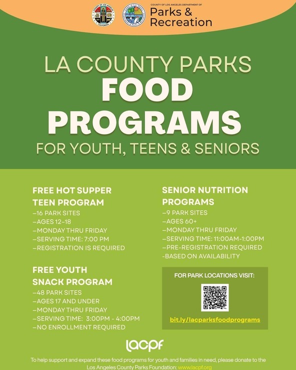 Green LA County Parks flyer promoting food programs available at LA County parks for youth, teens and seniors with QR code for park locations visit.