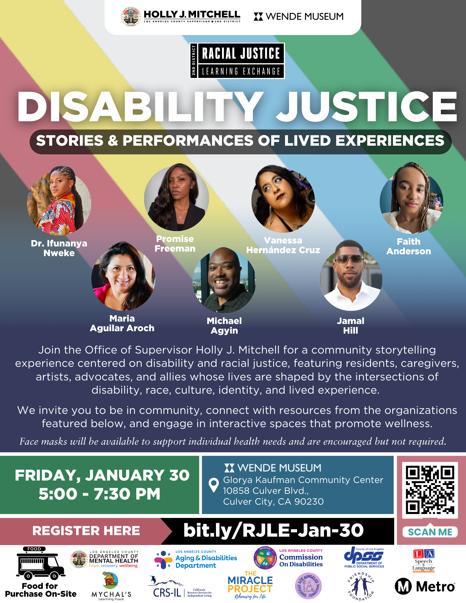 Flyer promoting Disability Justice Racial Justice Learning Exchange event featuring disability pride flag on background.