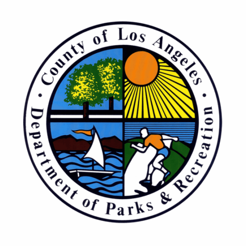 LA County Parks & Recreation Logo Circular seal with text that reads County of Los Angeles Department of Parks & Recreation surrounding a central design showing a tree, sun, water, mountains, and a person riding a horse.