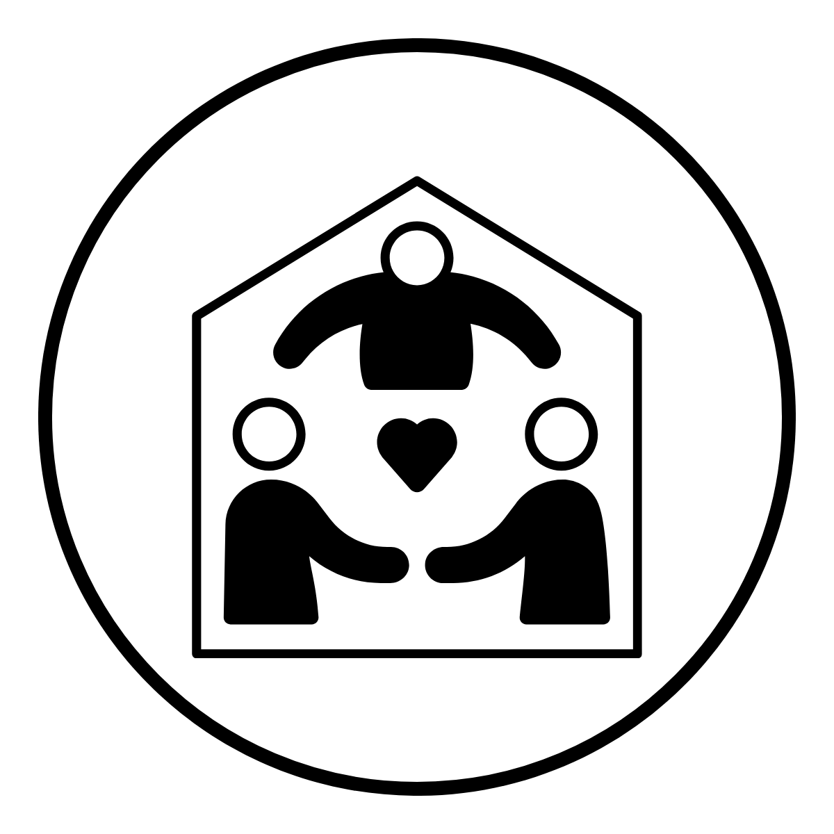 Black icon inside a circle showing three human figures gathered inside the outline of a house with a heart shape beneath the central figure, representing care or support within a home environment.