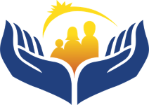 Graphic showing two blue hands forming a protective shape around silhouettes of three people beneath a yellow sun.