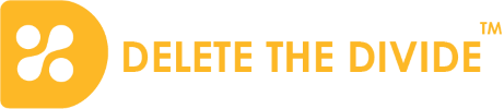 Yellow logo with a circular icon containing abstract shapes next to text that reads DELETE THE DIVIDE with a TM symbol.