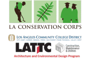 Logo grouping on a black background showing three square icons at the top: a green silhouette of a person holding a shovel, a green leaf branch, and two green silhouettes of graduates wearing caps. Below the icons, text reads 'LA CONSERVATION CORPS'. Beneath that, a circular seal appears next to blue text reading 'LOS ANGELES COMMUNITY COLLEGE DISTRICT' with smaller text below reading 'Changing Lives... Building Futures'. At the bottom, bold text reads 'LATTC' next to a cube icon and the words 'Construction, Maintenance & Utilities', with red text underneath reading 'Architecture and Environmental Design Program'.