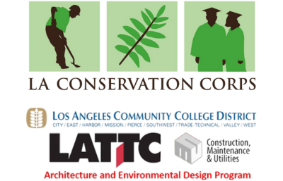 Logo grouping on a black background showing three square icons at the top: a green silhouette of a person holding a shovel, a green leaf branch, and two green silhouettes of graduates wearing caps. Below the icons, text reads 'LA CONSERVATION CORPS'. Beneath that, a circular seal appears next to blue text reading 'LOS ANGELES COMMUNITY COLLEGE DISTRICT' with smaller text below reading 'Changing Lives... Building Futures'. At the bottom, bold text reads 'LATTC' next to a cube icon and the words 'Construction, Maintenance & Utilities', with red text underneath reading 'Architecture and Environmental Design Program'.