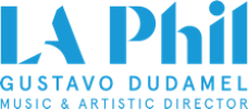 Blue logo with large text that reads LA Phil with smaller text below that reads GUSTAVO DUDAMEL MUSIC & ARTISTIC DIRECTOR.