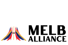 Logo with a stylized graphic of multicolored bridge-like shapes in red, blue, and gold next to large text that reads MELB ALLIANCE.
