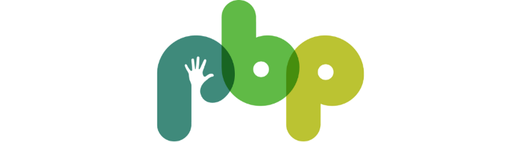Logo on a black background featuring stylized lowercase letters 'nbp' formed by overlapping rounded shapes in teal, green, and yellow, with a small hand silhouette embedded within the teal shape on the left and circular cutouts forming the centers of the green and yellow letters.