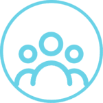 Light blue circular icon showing three simplified human figures inside a circle.