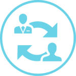Light blue circular icon showing two simplified human figures connected by curved arrows indicating exchange or interaction.