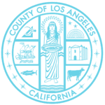 Circular seal with text that reads COUNTY OF LOS ANGELES CALIFORNIA surrounding a central emblem divided into sections with symbolic imagery including a robed figure, ship, mission building, stars, fish, and cow.