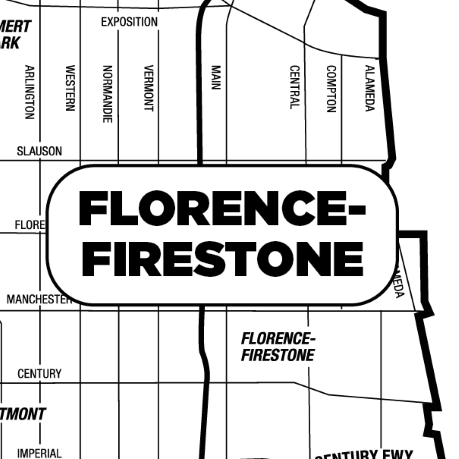 Black and white map graphic showing a section of Los Angeles County with a thick outlined boundary highlighting the Florence-Firestone area. In the center, inside a rounded rectangular label with a black outline, large bold text reads 'FLORENCE-FIRESTONE'. Surrounding street labels include 'ARLINGTON', 'WESTERN', 'NORMANDIE', 'VERMONT', 'MAIN', 'CENTRAL', 'COMPTON', and 'ALAMEDA' running vertically from top to bottom, and 'EXPOSITION', 'SLAUSON', 'FLORENCE', 'MANCHESTER', 'CENTURY', and 'IMPERIAL' running horizontally across the map. Additional text inside the boundary reads 'FLORENCE-FIRESTONE'. A partial freeway label 'CENTURY FWY' appears near the lower right area. Streets and boundaries are shown with black lines on a light gray background.