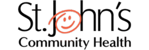 Logo on a black background featuring stylized text that reads 'St. John&rsquo;s' in black with an orange curved line forming a smiling face integrated into the letter 'o', followed by smaller text below that reads 'Community Health'.