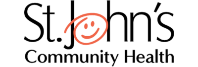 Logo on a black background featuring stylized text that reads 'St. John&rsquo;s' in black with an orange curved line forming a smiling face integrated into the letter 'o', followed by smaller text below that reads 'Community Health'.
