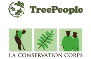 Logo on a light gray background featuring a circular green emblem on the upper left containing stylized leaves forming a globe-like shape. To the right of the emblem, green text reads 'TreePeople'. Below, three square icons appear side by side: the first shows a green silhouette of a person holding a shovel against a light green background, the second shows a green leaf branch against a light green background, and the third shows two green silhouettes of graduates wearing caps against a light green background. Beneath the icons, brown text reads 'LA CONSERVATION CORPS'.