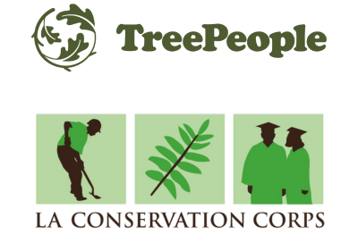 Logo on a light gray background featuring a circular green emblem on the upper left containing stylized leaves forming a globe-like shape. To the right of the emblem, green text reads 'TreePeople'. Below, three square icons appear side by side: the first shows a green silhouette of a person holding a shovel against a light green background, the second shows a green leaf branch against a light green background, and the third shows two green silhouettes of graduates wearing caps against a light green background. Beneath the icons, brown text reads 'LA CONSERVATION CORPS'.