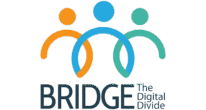 Logo on a black background showing three stylized human figures formed by curved lines and circles in orange, blue, and teal, positioned side by side. Below the figures, large text reads 'BRIDGE' with smaller text to the right reading 'The Digital Divide'.
