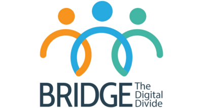 Logo on a black background showing three stylized human figures formed by curved lines and circles in orange, blue, and teal, positioned side by side. Below the figures, large text reads 'BRIDGE' with smaller text to the right reading 'The Digital Divide'.