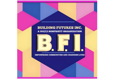 Colorful geometric graphic with a border featuring overlapping shapes in pink, purple, blue, and yellow. In the center, a dark blue hexagonal shape contains text at the top reading 'BUILDING FUTURES INC.' followed by smaller text 'A 501(C)(3) NONPROFIT ORGANIZATION'. Large bold text in the middle reads 'B.F.I'. Below that, smaller text reads 'EMPOWERING COMMUNITIES AND CHANGING LIVES'.