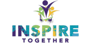 Logo on a black background showing three stylized human figures with arms raised in celebration above the text. The center figure is purple and larger, with two smaller figures behind in green and yellow. Below the figures, large colorful textured text reads 'INSPIRE', and beneath it smaller purple text reads 'TOGETHER'.