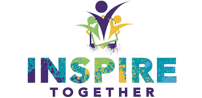 Logo on a black background showing three stylized human figures with arms raised in celebration above the text. The center figure is purple and larger, with two smaller figures behind in green and yellow. Below the figures, large colorful textured text reads 'INSPIRE', and beneath it smaller purple text reads 'TOGETHER'.