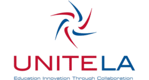 Logo on a black background featuring a pinwheel-like symbol made of curved red and blue shapes at the top. Below the symbol, large text reads 'UNITE LA' with 'UNITE' in red and 'LA' in blue. Beneath that, smaller blue text reads 'Education Innovation Through Collaboration'.