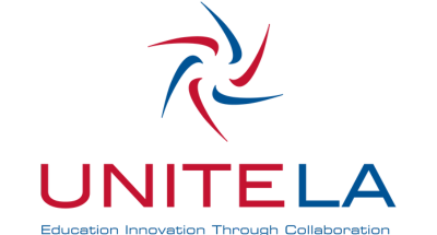 Logo on a black background featuring a pinwheel-like symbol made of curved red and blue shapes at the top. Below the symbol, large text reads 'UNITE LA' with 'UNITE' in red and 'LA' in blue. Beneath that, smaller blue text reads 'Education Innovation Through Collaboration'.