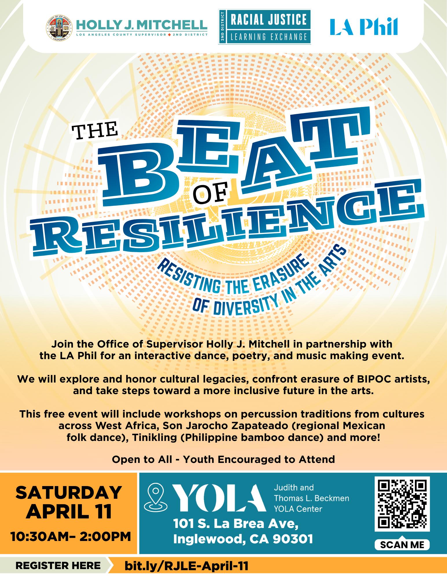 Flyer promoting April 11 RJLE event, The Beat of Resilience, hosted by LA County Supervisor Holly J. Mitchell.