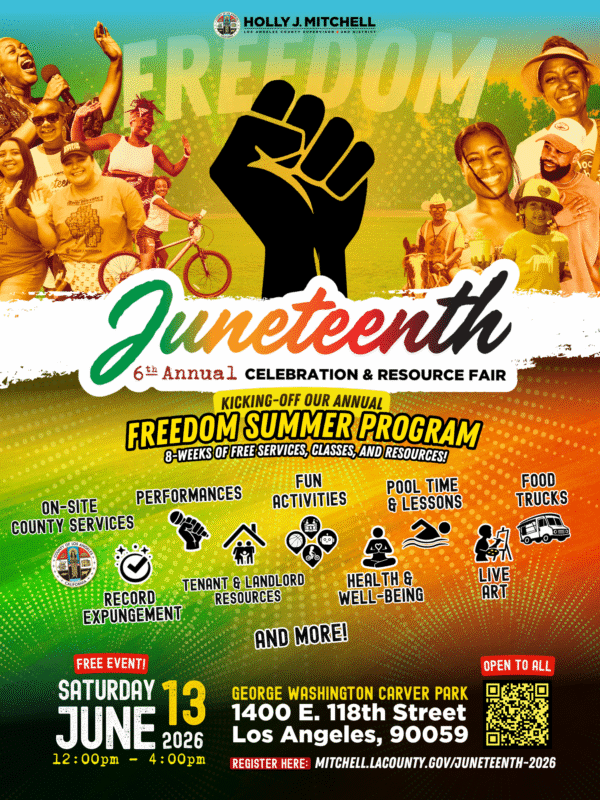 Flyer promoting LA County Supervisor Holly J. Mitchell's Juneteenth Celebration & Resource Fair on Saturday, June 13 at George Washington Carver Park.