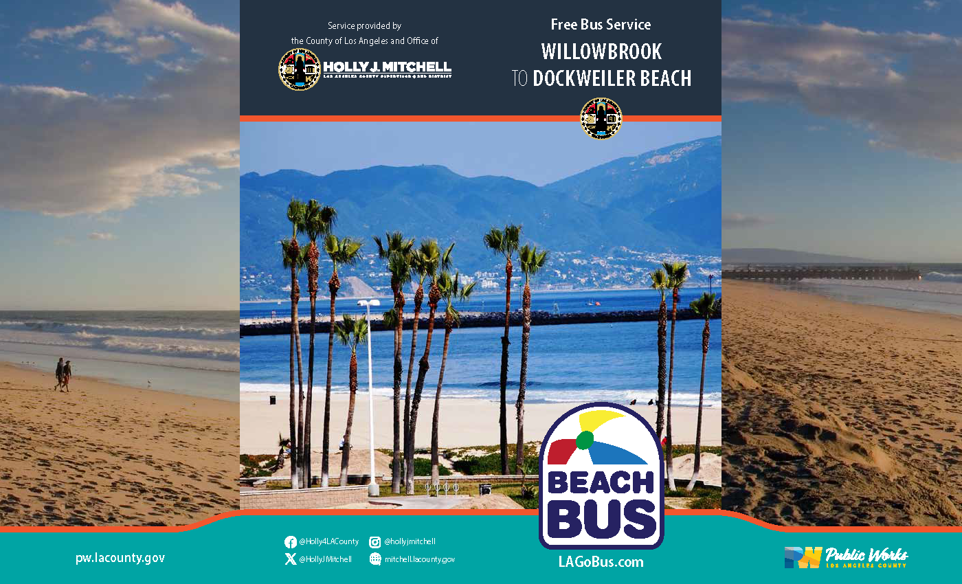 Flyer promoting Beach Bus from Carver Park to Dockweiler Beach as part of LA County Supervisor Holly J. Mitchell's Freedom Summer Program.