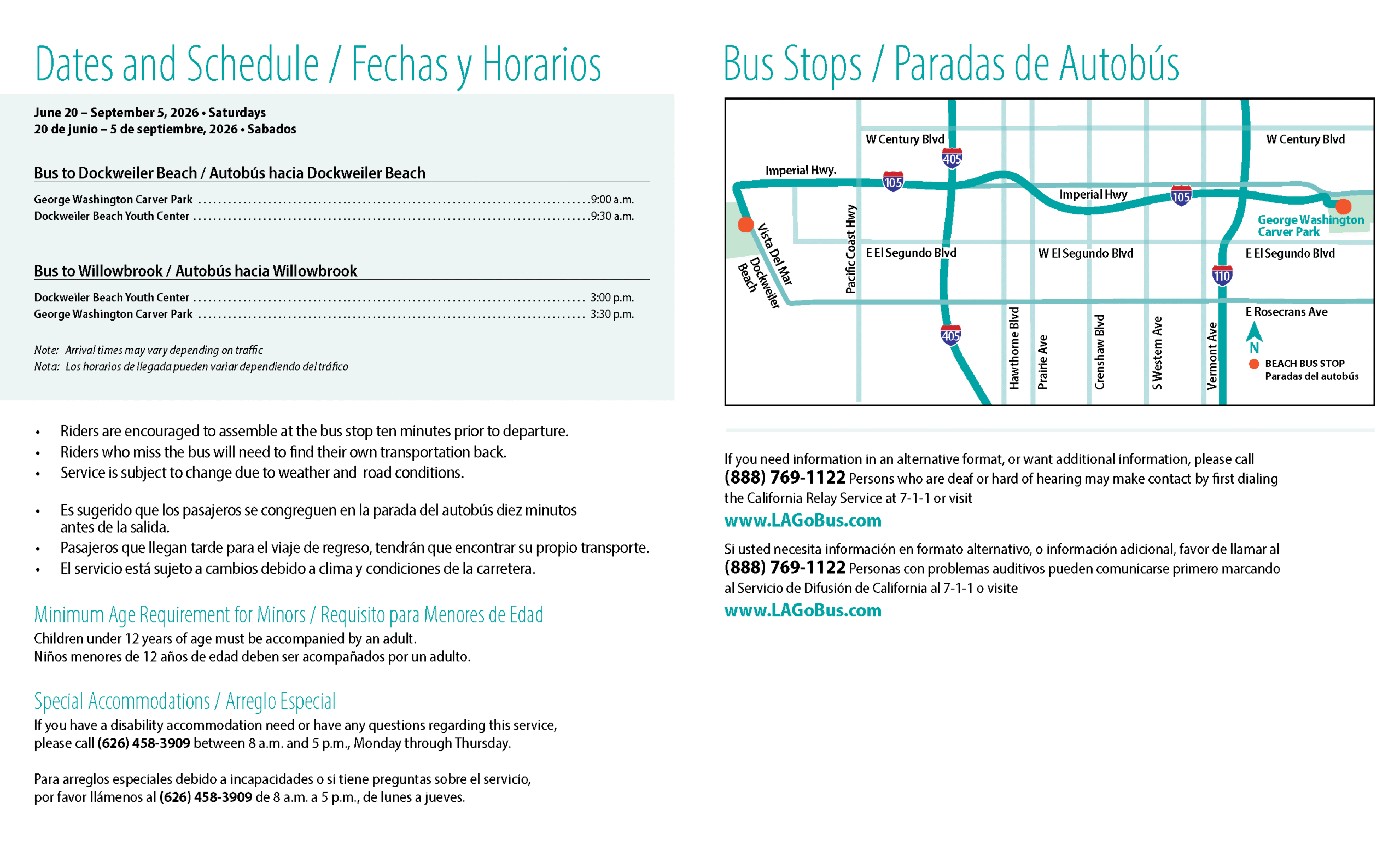 Flyer promoting Beach Bus from Carver Park to Dockweiler Beach